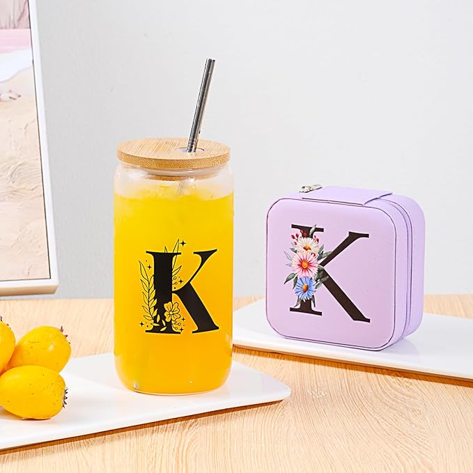 AYGXU Initial glass cups with lids and straws,personalized gifts for women,iced coffee cups,travel jewelry case organizer,small jewelry travel case,jewelry box for girls.Initial S purple