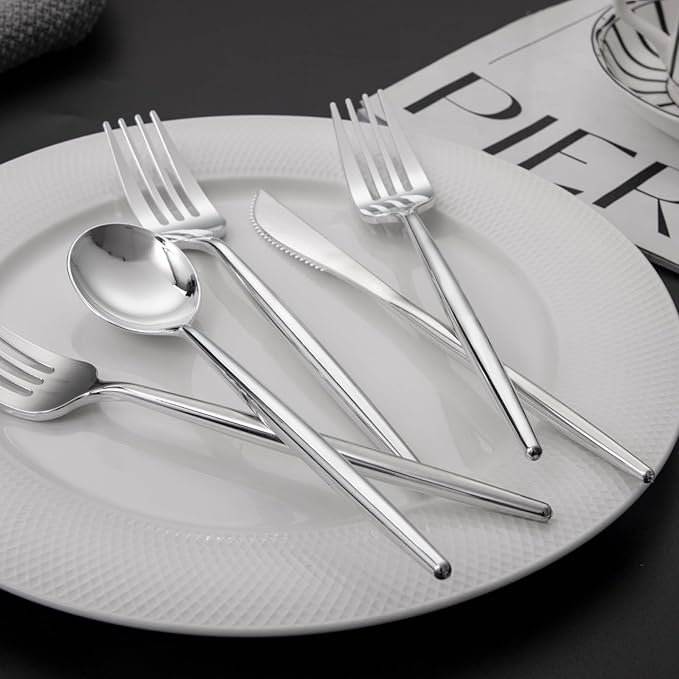 LIYH 102 Pcs Silver Plastic Silverware - Heavyduty Plastic Cutlery Set Disposable Utensils Flatware Set Knives Forks Spoons Disposable Cutlery