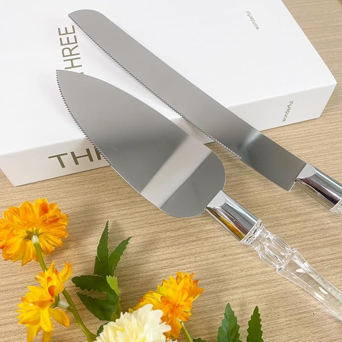 Adorox Elegant Cake Knife and Server Set Stainless Steel with Crystal Handle - Perfect for Weddings Anniversaries,and Special Celebrations (Sliver)