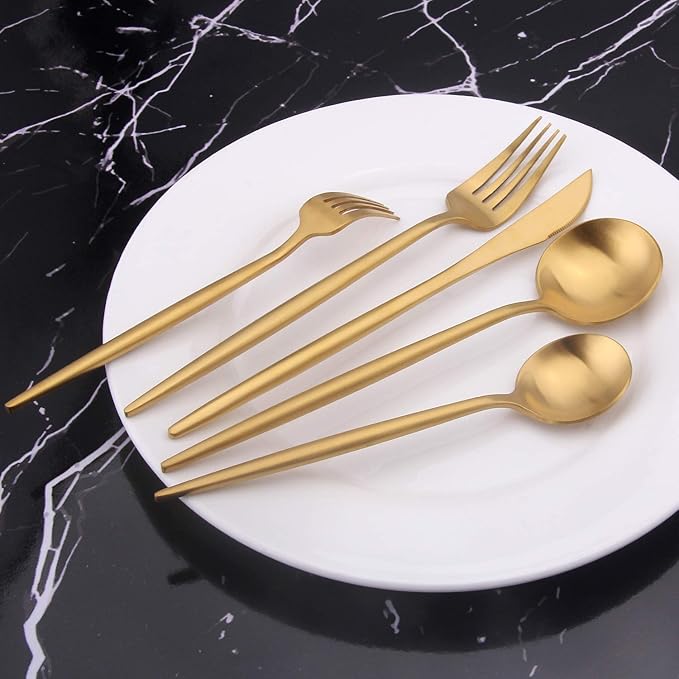 Matte Gold Silverware Set, Vanys 20 Piece Stainless Steel Cutlery Flatware Set, Kitchen Utensil Sets for 4, Tableware With Knife Spoons And Forks Set, Satin Finished Polished