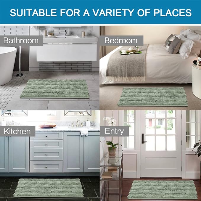 H.VERSAILTEX Bath Mats for Bathroom Non Slip Extra Thick Chenille Striped Bath Rug 24" x 36" Absorbent Non Skid Fluffy Soft Shaggy Rugs Washable Dry Fast Plush Mats for Indoor, Bath Room, Tub - Sage