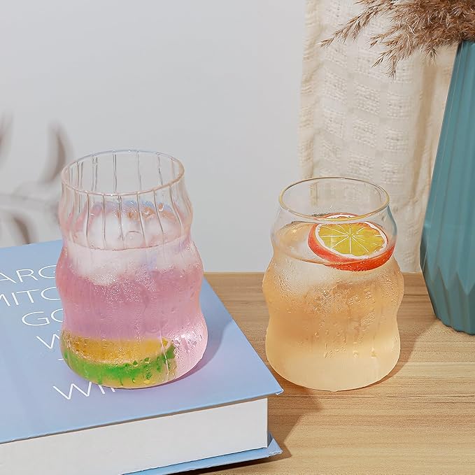 Koythin 2-Piece Ribbed Glass Cups, Vintage Drinking Glassware for Iced Coffee Juice Cocktails Milk Tea Beer, 16 oz/460 ml Cute Bubble Cup with Wave Shape (Cloudy Chubby)