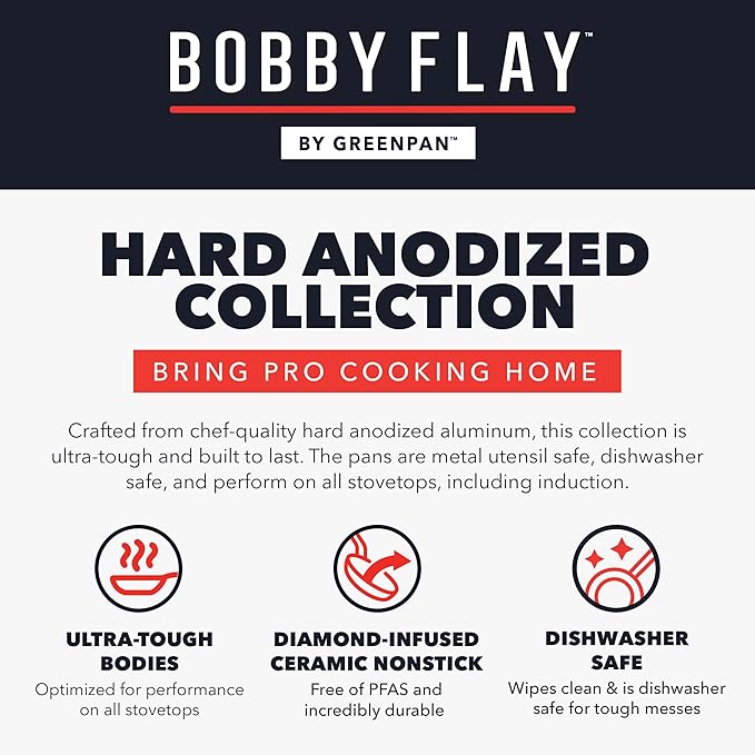 GreenPan x Bobby Flay 10” & 12” Hard Anodized Ceramic Nonstick Frying Pan Set, PFAS-Free, Induction Compatible Skillets, Oven & Broiler Safe to 600˚F, Dishwasher Safe, Black