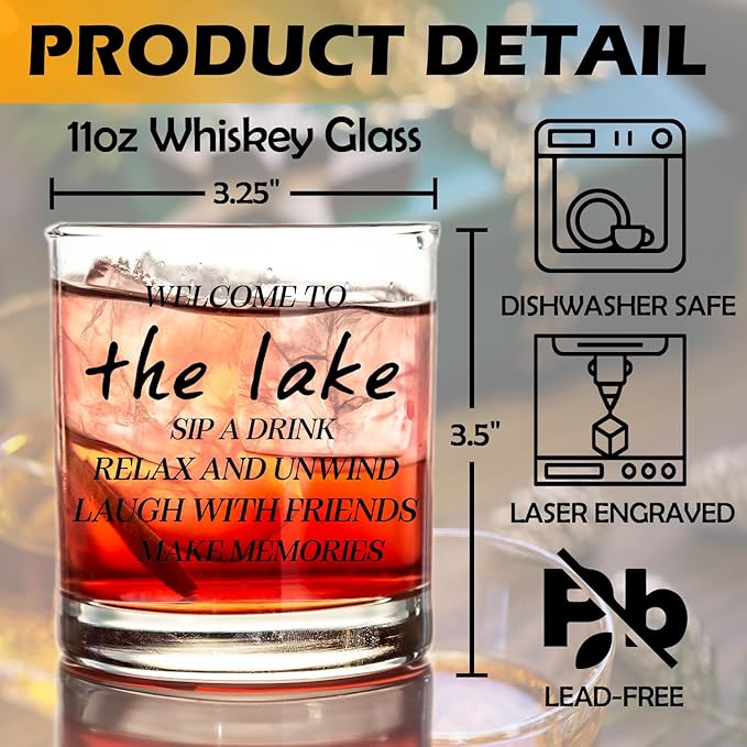 kunlisa Lake Gifts Whiskey Glasses, Lake House Decor and Gifts, Housewarming Gift for Friends 10 oz Drinking Rocks Glasses for Women Men Whisky Cocktail Scotch Bourbon Liquor