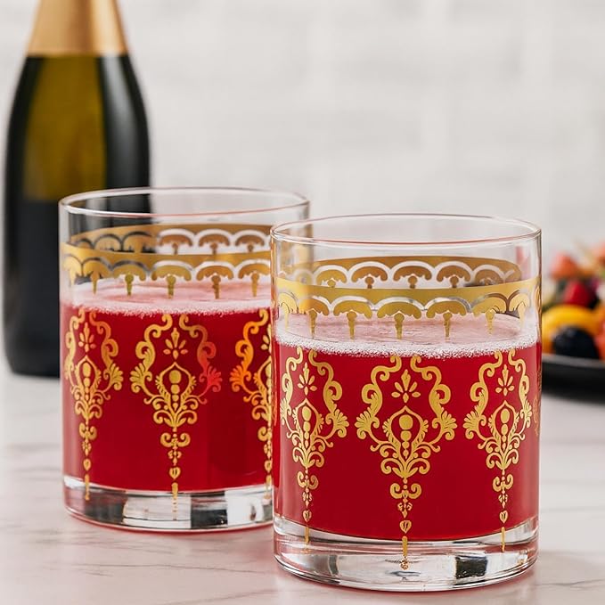 Khen Clear Moroccan Tumbler Glassware | Set of 2 | Gold Ornate Vintage Decorative Drinking Cups, Retro Bohemian Pattern Barware for Water, Whiskey, Cocktail, Iced Tea, Durable Embossed Home Drinkware