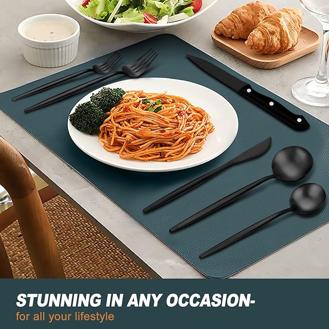 EUIRIO 48-Piece Matte Black Silverware Set with Steak Knives, Black Flatware Set for 8, Stainless Steel Forks and Spoons Silverware Sets, Black Cutlery Utensils Set, Satin Finish & Dishwasher Safe