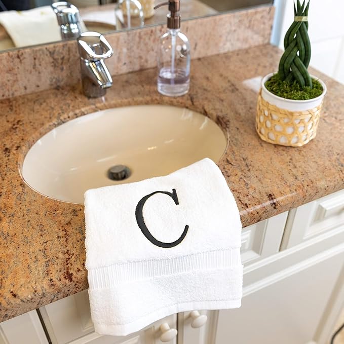Dark Gray Initial Hand Towel for Bathroom - Monogrammed Luxury Hotel Quality Decorative Embroidered Towel for Powder Room, Spa - GOTS Organic Certified - Pack of 2, Letter C