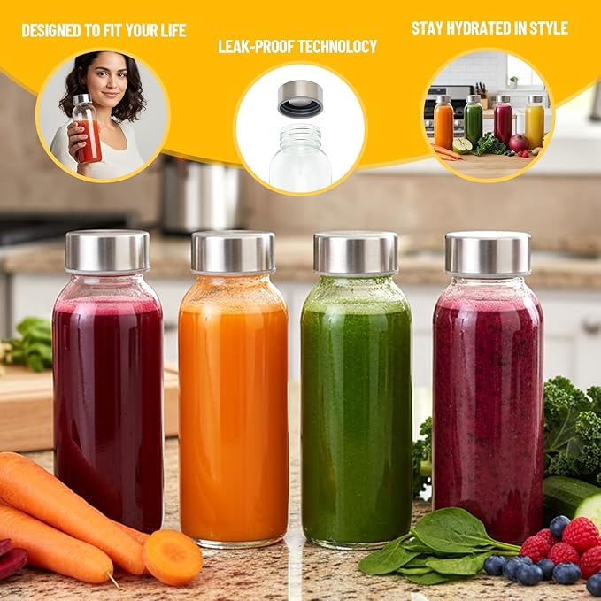 10 oz Clear Glass Bottle with Lid, Reusable Glass Water Bottles with Stainless Steel Cap & Straws for Juicing, Milk, Ginger & Smoothies, Refrigerator, Leak-Proof, Juice Containers Set of 8