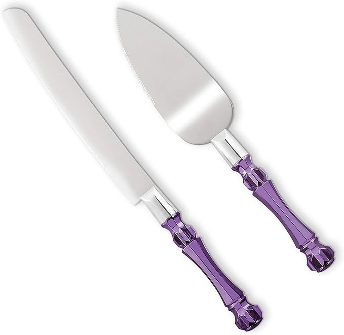 Purple Wedding Cake Knife and Server Set, Cake Cutter and Spatula, Acrylic Handle Set with 1.2mm Thick Blades for Weddings and Parties