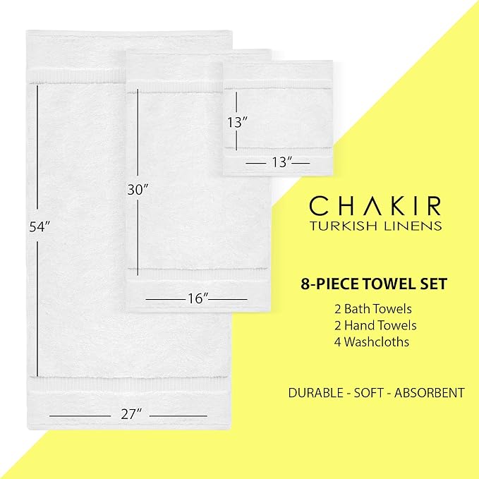 Chakir Turkish Linens | Hotel & Spa Quality 100% Cotton Premium Turkish Towels | Soft & Absorbent (8-Piece Towel Sets, White)