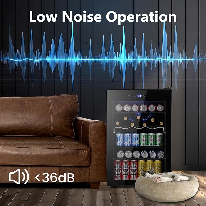 4.4 Cu.ft Beverage Refrigerator Cooler, 145 Can Mini Fridge Glass Door with Adjustable Shelves, Digital Temperature Display, Freestanding Small Drink Fridge for Home, Office or Bar(Black)