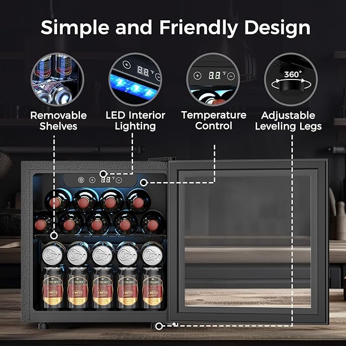Wine Fridge Freestanding Counter-top 12 Bottles, 50 Cans Wine Cellar Drink Cooler for Soda, Canned Beer, Adjustable Digital Temperature Control for Home Dorm Office, Black