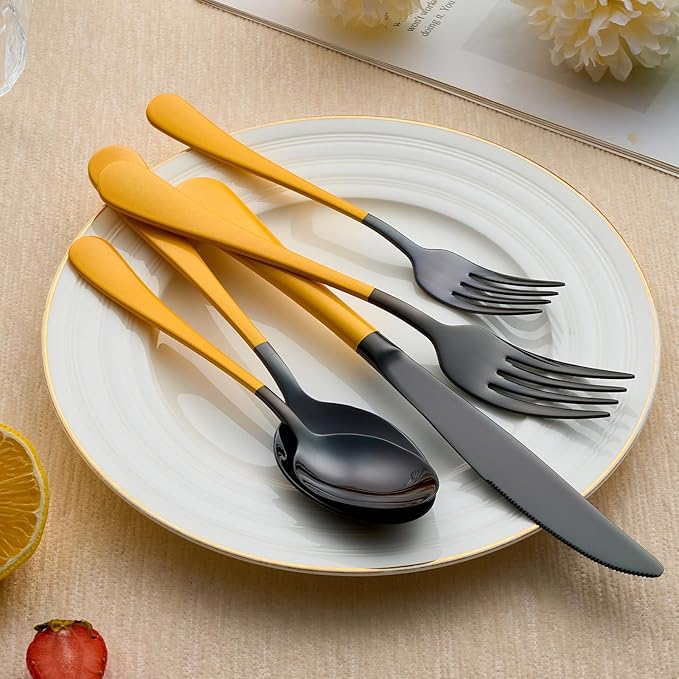 20-Piece Black Silverware Set 18/0 Stainless Steel Silverware Set Yellow Handle Cutlery Set Service for 4 Dinner Knives Forks Spoons Set Flatware Set Finish Dishwasher Safe(Black and Yellow)