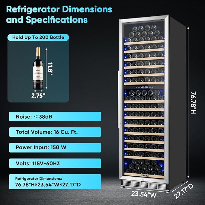 200 Bottle Wine Fridge, 24 Inch Wine Cooler Refrigerator Freestanding or Built-in, Professional Dual Zone Temperature Control, Low Noise Operation and Advanced Compressor Cooling
