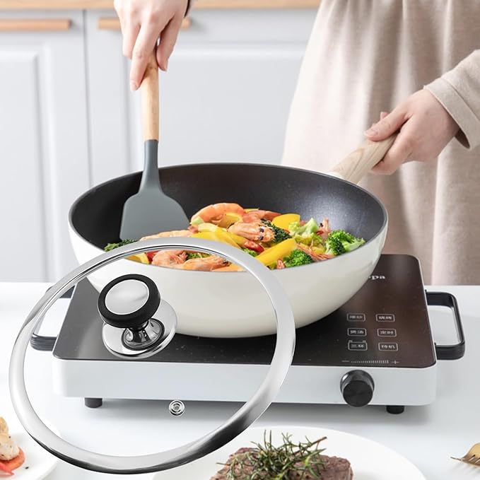 Woogim Cookware 4mm Tempered Glass Lid, Pan Lid 9 Inch with Silicone Handle,Vented Design for Steam Control,Oven & Dishwasher Safe up to 480℉,Universal Glass Covers for Frying Pan Wok Pot Skillet