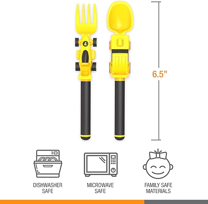 Dinneractive Utensil Set for Kids – Yellow Race Car Themed Fork and Spoon for Toddlers and Young Children – 2-Piece Set