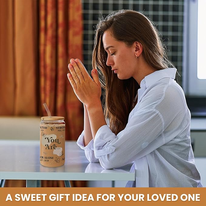 Christian Gifts for Women - Inspirational 16 Oz Can Glass Coffee Cup with Bamboo Lid & Straw- Religious, Motivational Catholic Gifts for Womens Ladies on Birthday