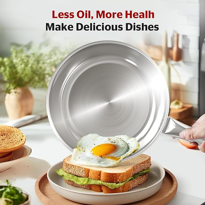 SUNHOUSE 11 Inch Tri-Ply Stainless Steel Frying Pan, Whole-Clad No Coatings Skillet with Stay-cool Handle for Cooking, Durable & Oven Safe to 500°F, Dishwasher Safe, Compatible with All Cooktops