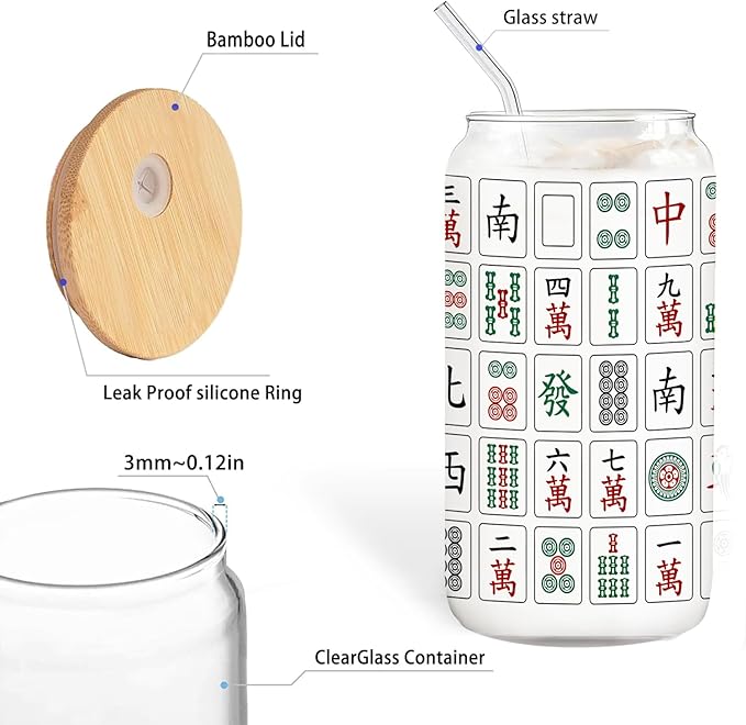 Mahjong Tiles Glass Cup with Lids and Straws 14oz, Gifts for Mahjong Players Lovers, Mah Jong Accessories Glass Iced Coffee Tumbler Drinking Jars with Cleaning Brush