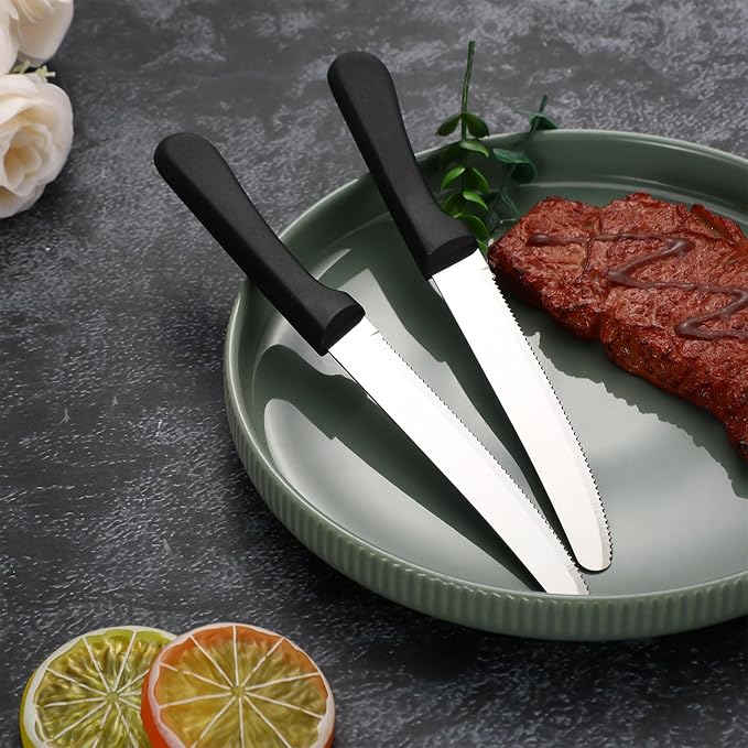 Zhehao 150 Pcs 8.39 Inches Steak Knife Sets Black Stainless Steel Serrated Edge Dinner Knives with Plastic Handle and Round Tip for Home Restaurant