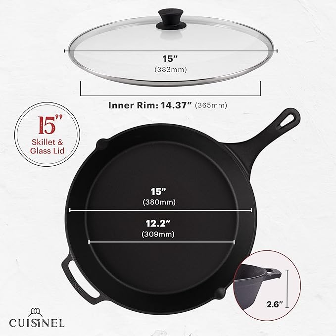 Cuisinel 15" Cast Iron Skillet + Glass Lid Cover + Black Pan Scraper + Silicone Handle Grip Cover - Pre-seasoned Kitchen Cookware - Indoor/Outdoor - Camping, Grilling, BBQ, Oven Use