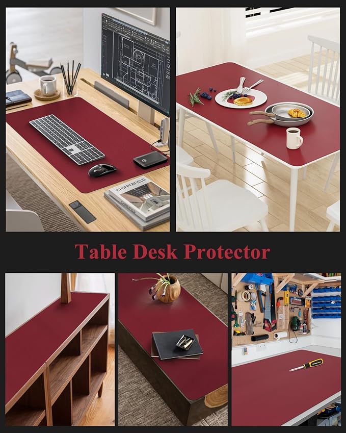 Wine Red Plastic Table Cover Protector, 36" x 60" Waterproof Easy Flat PVC Desk Pad Mat, 1.5mm Thick Rectangle Vinyl Table Top Protector for Dining Room Table, Office, Dresser
