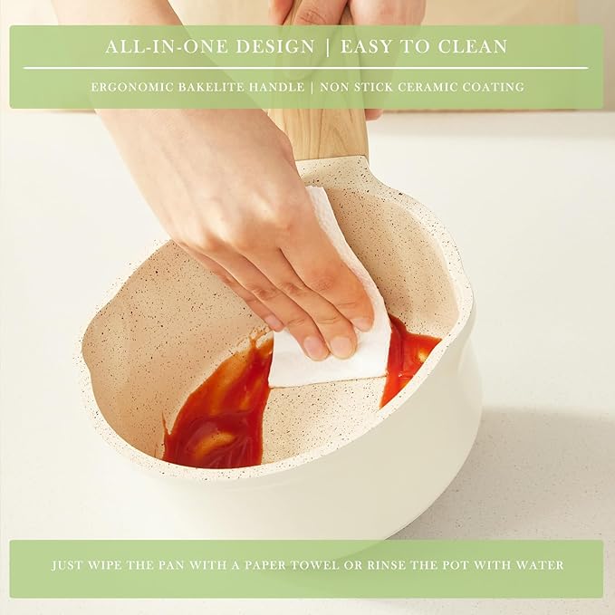 Pots and Pans Set Non Stick, Healthy Ceramic Cookware Set, 3pcs Kitchen Pots Frying Pan Saucepan, PFAS-Free, Pink