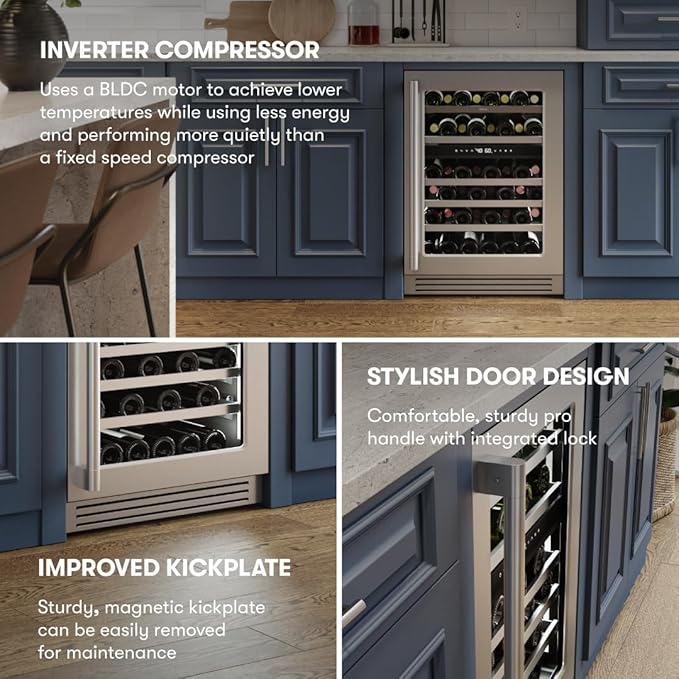 Zephyr Presrv 24 Inch Pro Wine Fridge Dual Zone Under Counter - Pro-Style Design Wine Cooler Cellars Small Cabinet Wine Refrigerator Home Bar Chiller Freestanding Wine Cooler, 45 Bottles 750ml