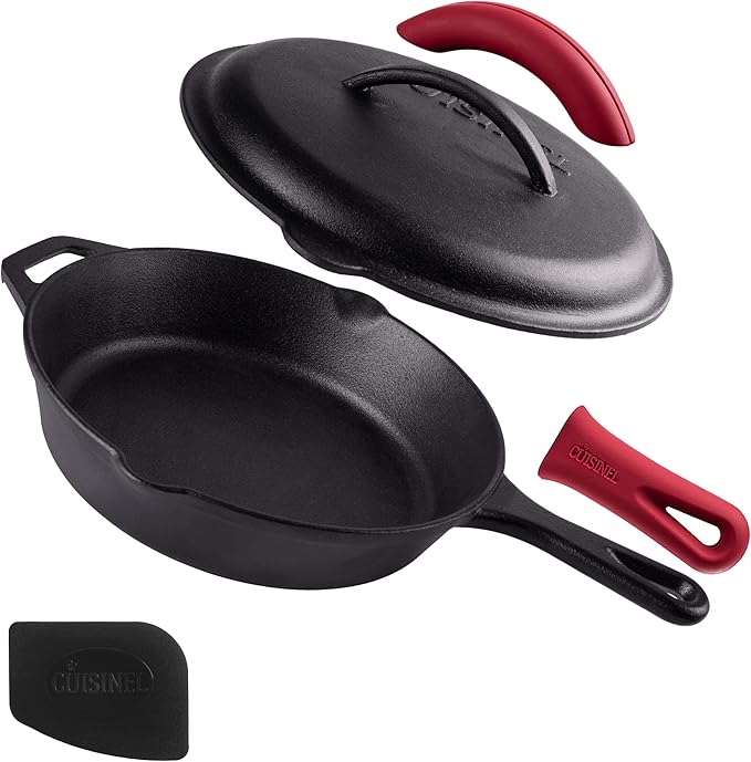Cuisinel Cast Iron Skillets Set with Lids - 8"+10"+12"-inch Pre-Seasoned Covered Frying Pan Set + Silicone Handle and Lid Holders + Scraper/Cleaner - Use Cookware Indoor/Outdoor, Oven, Stovetop, Fire