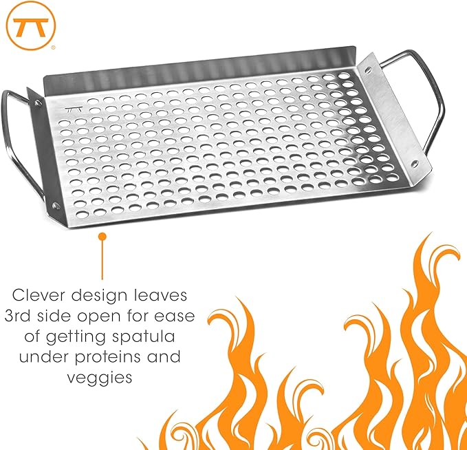 Outset 76631 Stainless Steel Grill Topper Grid, 11"x7" BBQ Pan With Handles