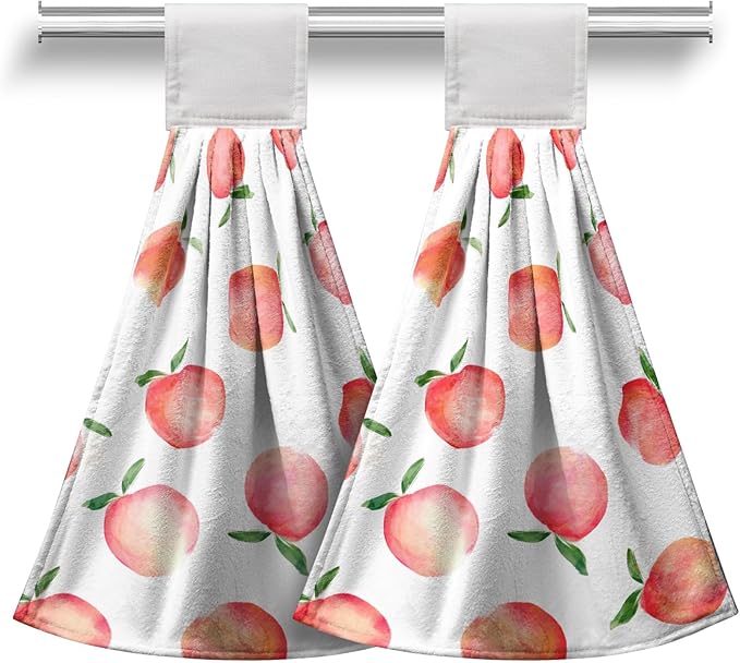 Peach Hanging Kitchen Towel Set of 2 Spring Summer Pink Fruit Hand Towels with Loop Decorative Tie Towels Soft Absorbent Hanging Dish Towel for Bathroom Kitchen Home Decor 17 * 12 Inch