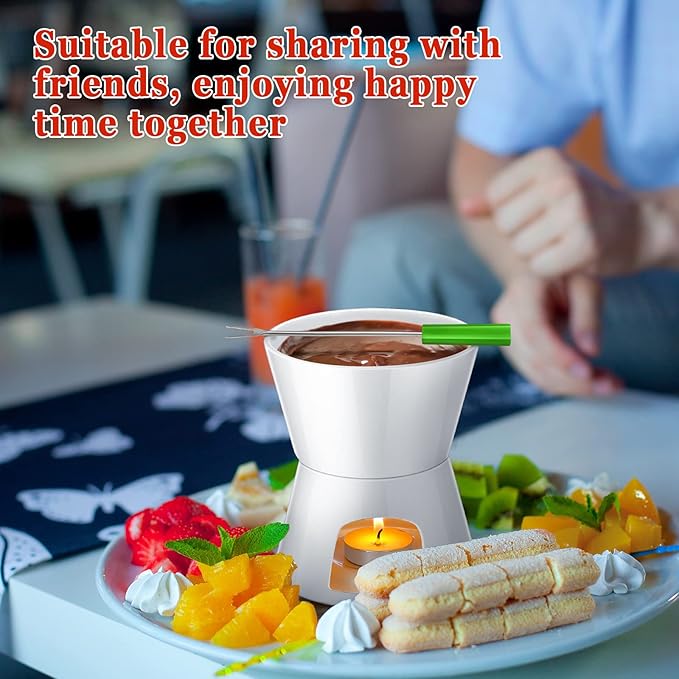 Mudder 2 Pieces Fondue Mug Ceramic Pot and 8 Pieces Forks Set for Melting Chocolate, Cheese, Broth Or Tapas On Valentine's Day, White