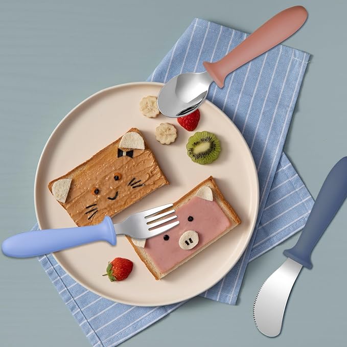 Pimoys 6 Pieces Toddler Utensils Forks,Spoons and Knives,Kids Silverware Set with Plastic Handle Stainless Steel Toddler Silverware,Dishwasher Safe