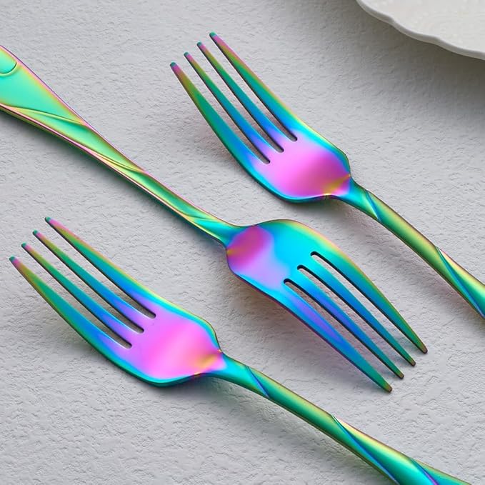 Rainbow Salad Fork Set, 6.9-inch Stainless Steel Dessert Forks, 6-Piece Shiny Metal Small Cake Fork, Iridescent Silverware Set, Dishwasher Safe