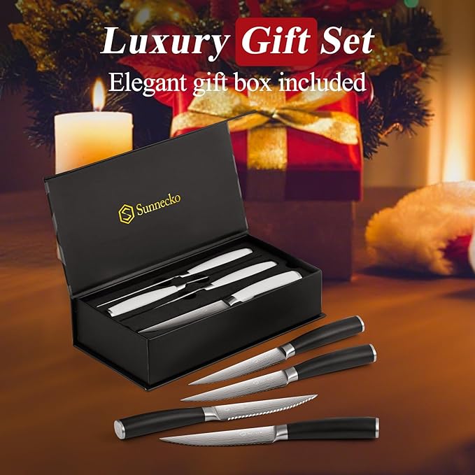Sunnecko Steak Knives Set of 8,Premium Stainless Steel Serrated Steak Knives Set,Pakkawood Handle 4.5 Inch Kitchen Steak Knife with Gift Box(White/Black Handle)