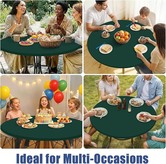 Round Spandex Tablecloth, Elastic Fitted Waterproof Tablecloths for 57"-68" Tables, Stretch Washable Picnic Table Cover for Camping, Dining, Indoor and Outdoor, Hunter Green
