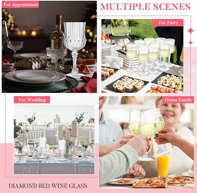 Pinkunn 50 Pcs 7 oz Plastic Vintage Wine Glasses Reusable Colored Goblets Patterned Drinking Water Glasses Cup Dishwasher Safe for Christmas Wedding Reception Party Supplies (Transparent)
