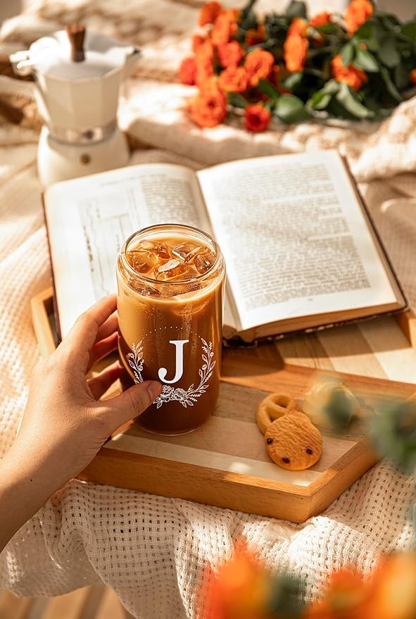 Personalized Gifts for Women, Monogrammed 16oz Glass Cups with Bamboo Lids and Straws, Customized Glass Tumbler, Cute Custom Mug, Customizable Initial Iced Coffee Glasses, Birthday Bridesmaid Mom, J