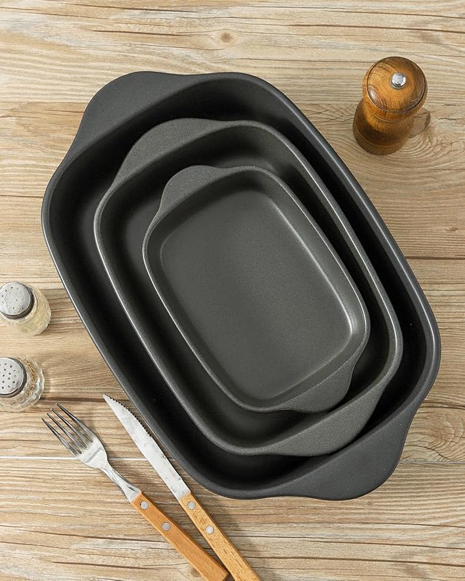 Casserole Dishes for Oven, Stoneware Baking Dishes Set of 3, Ceramic Baking Pan, Deep Rectangular Lasagna Pan, Farmhouse Bakeware Sets for Christmas Gift, (14.9"/12"/8.8"), Matte Black