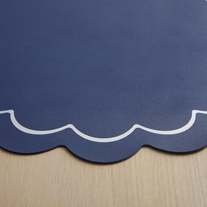 Kate Spade New York Scallop Edge Round Reversible Placemats 6-Pack Set, Imitation Leather with Metallic Print, Water Resistant, Easy Wipe Clean, Navy/Silver, 15" Round