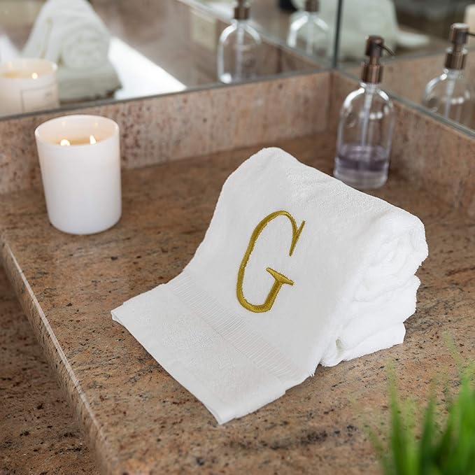 Monogrammed Hand Towels for Bathroom - Luxury Hotel Quality Personalized Initial Decorative Embroidered Bath Towel for Powder Room, Spa - GOTS Organic Certified - Set of 2 Gold Letter G