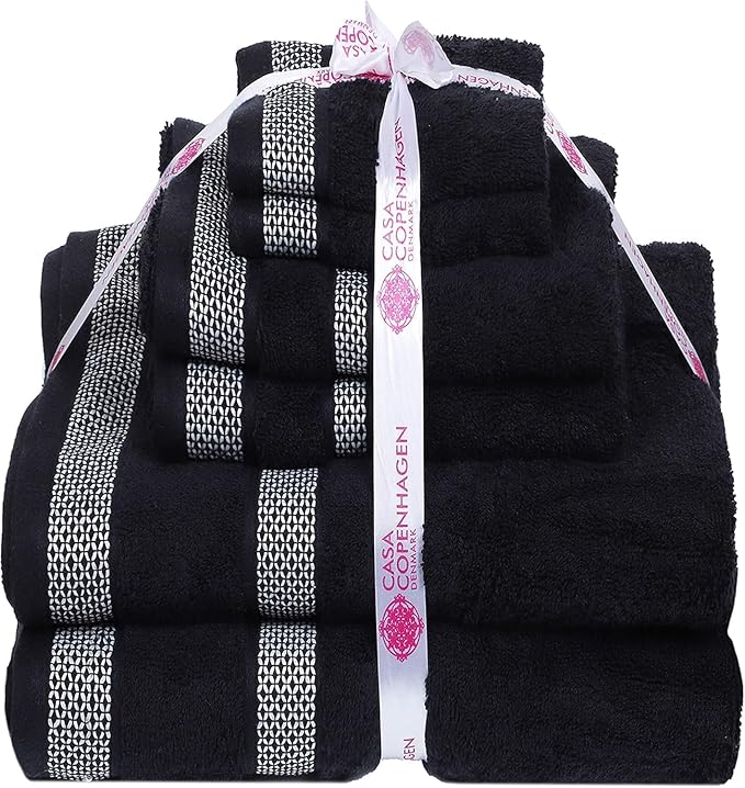 CASA COPENHAGEN Solitaire 6 Pieces Towel Set- Black, 600 GSM 2 Bath Towel 2 Hand Towel 2 Washcloth, Designed in Denmark Made of Soft Egyptian Cotton for Bathroom, Kitchen & Shower