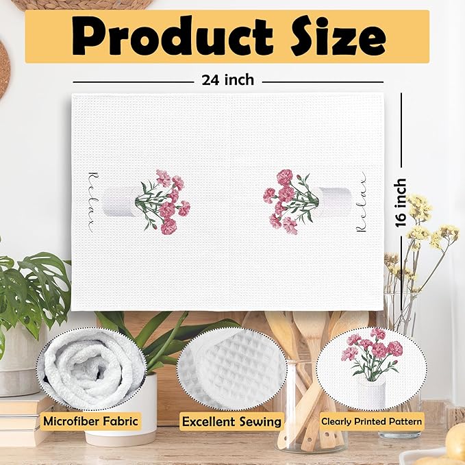 Pink Floral Bathroom Hand Towels, Cottagecore Botanical Roll Paper Hand Towel for Bathroom Decor, Relax Breath Pink Flower Decorative Towels for Washroom Toilet 16x24 Inch Set of 2