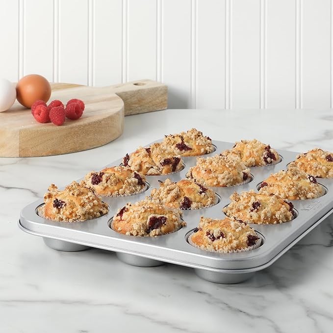 Martha Stewart Gallen 12 Cup Nonstick Carbon Steel Muffin and Cupcake Pan - Silver Durable Bakeware for Muffins, Cupcakes & Mini Cakes