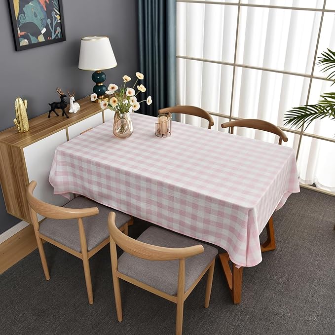 Gingham Table Cloth for Square Tables Pink Checkered Plaid Tablecloth Heavy Duty Cotton Blend Washable & Wrinkle Table Cover for Outdoor Kitchen Dining Picnic Camping (52x52 Inch)
