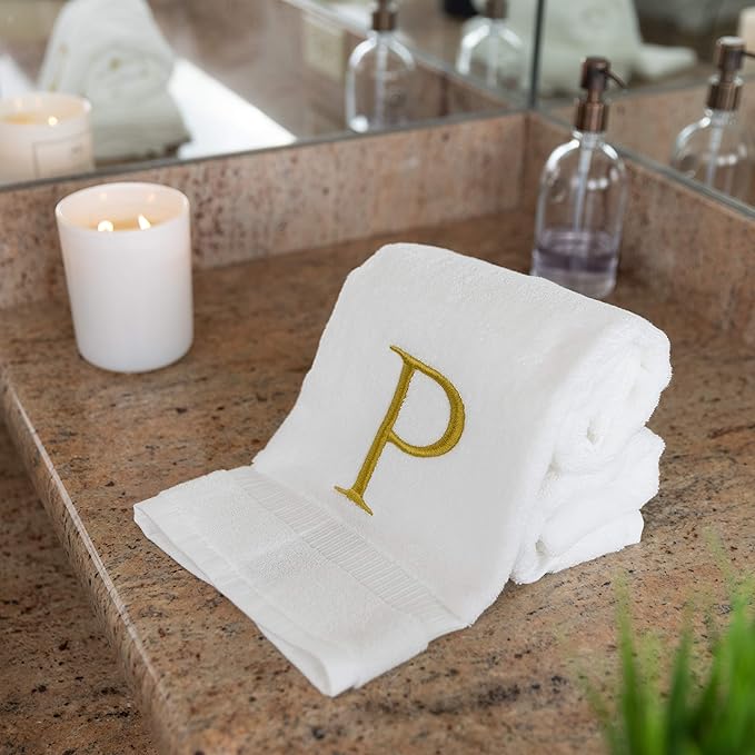 Monogrammed Hand Towels for Bathroom - Luxury Hotel Quality Personalized Initial Decorative Embroidered Bath Towel for Powder Room, Spa - GOTS Organic Certified - Set of 2 Gold Letter P