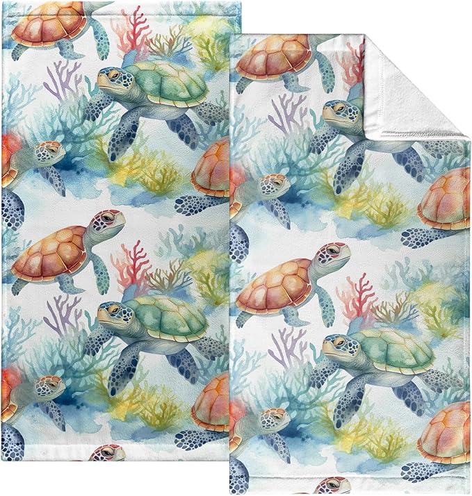 Sea Turtle Kitchen Towels Summer Corals Hand Towel Ocean Animal Dish Towel 14.4 X 28.3 in Soft Absorbent Cotton Towels for Bathroom Kitchen Decorations