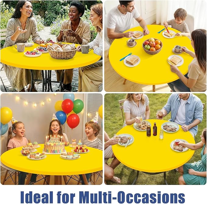 Round Spandex Tablecloth, Elastic Fitted Waterproof Tablecloths for 57"-68" Tables, Stretch Washable Picnic Table Cover for Camping, Dining, Indoor and Outdoor, Yellow
