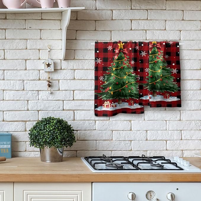Watercolor Green Xmas Tree Hand Towels Set of 2 Christmas Bells Snowflakes Kitchen Towel Dish Towels 14.4 x 28.3 Inch Buffalo Plaid Decorative Fingertip Towel for Winter Holiday Housewarming Gifts