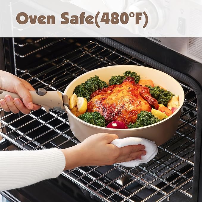 SENSARTE 17 Piece Ceramic Pots and Pans Set, Nonstick Detachable Handle Cookware, Induction Kitchen Cookware Set with Removable Handle, Dishwasher & Oven Safe (Almond Beige)